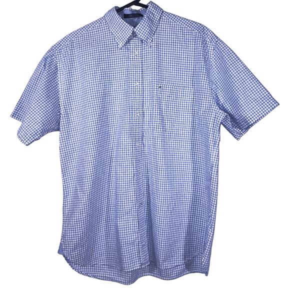 Tommy Hilfiger Men's Large Blue & White Checkered Short Sleeve Button Down Shirt - Picture 1 of 6
